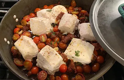 Halibut with 'Nduja, Tomatoes, and Rosemary