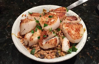 Israeli Pearled Couscous with Seared Scallops and Leeks