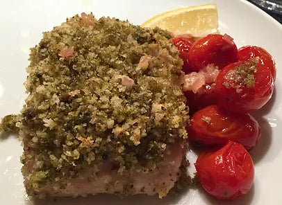 Pesto Crusted Mahi Mahi with Blistered Tomatoes and Lemon Butter