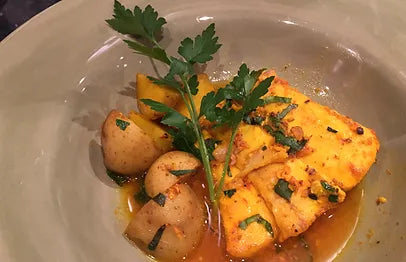 Braised Halibut with Potatoes and Saffron